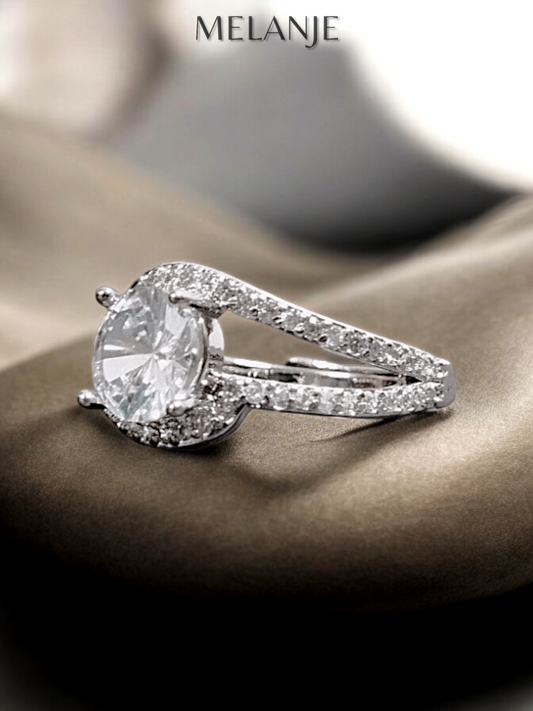 Clear Solitaire Crystal Cubic Zirconia Sterling Silver Adjustable Wedding Ring