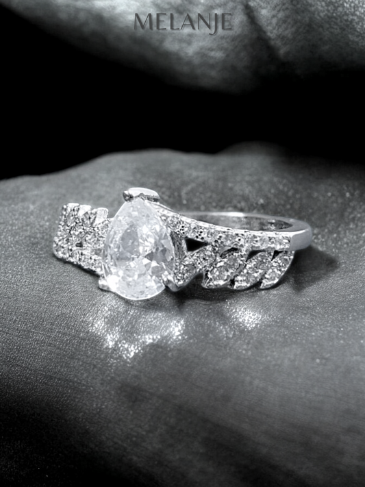 Pear Shaped Solitaire Crystal Delicate Leaf Design Luxury Ring