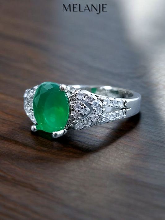 Oval Green Emerald Solitaire Crystal Split Shank Delicate Ring