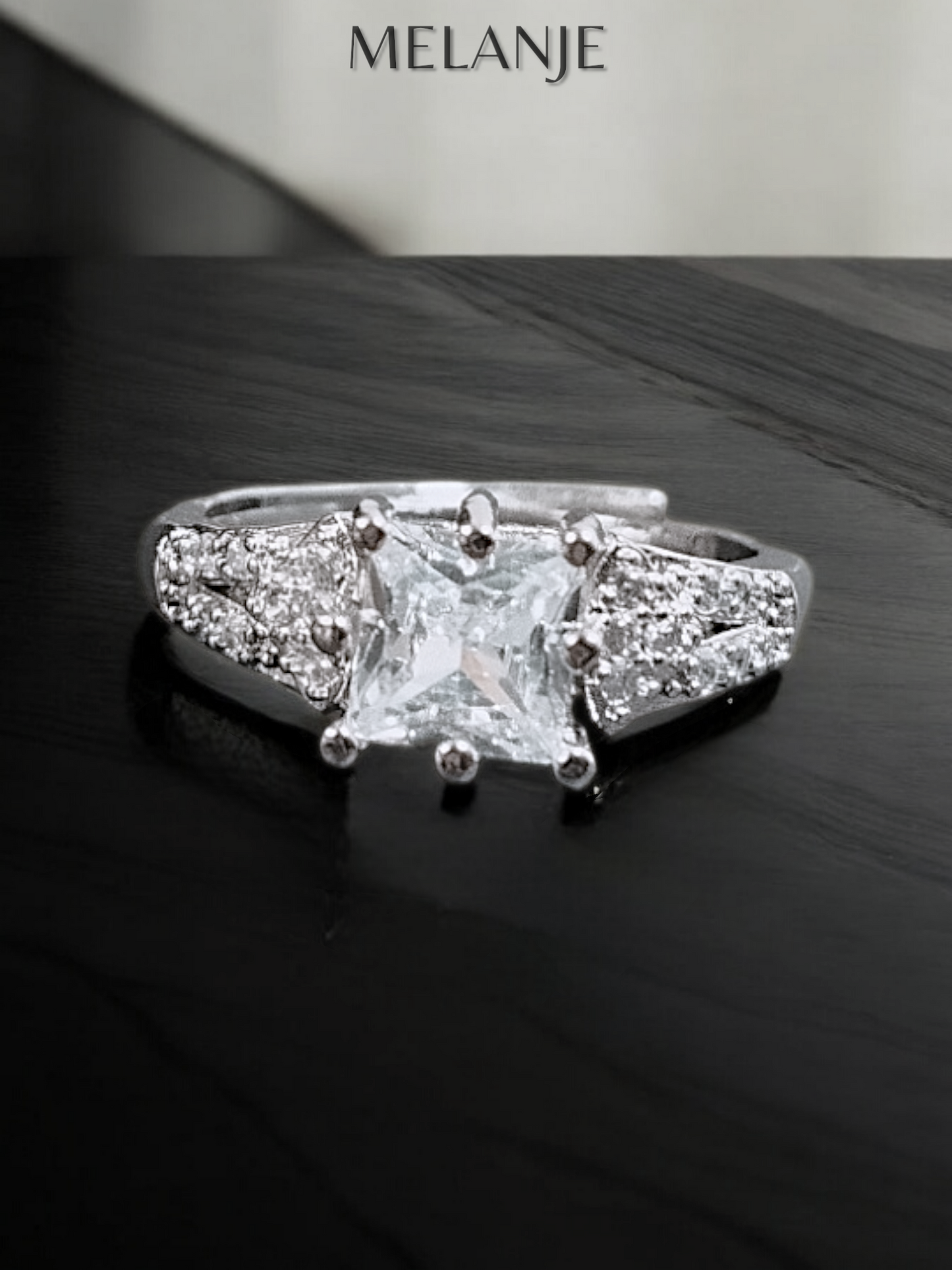 Clear Solitaire Square Crystal White Cubic Zirconia Sterling Silver Princess Cut Adjustable Ring