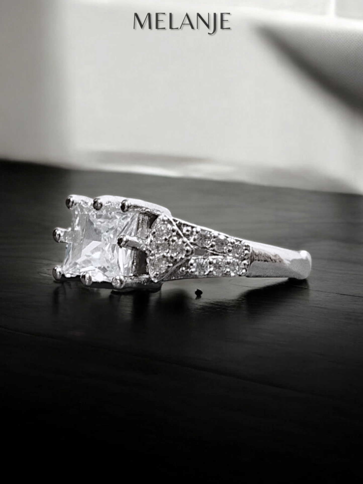 Clear Solitaire Square Crystal White Cubic Zirconia Sterling Silver Princess Cut Adjustable Ring