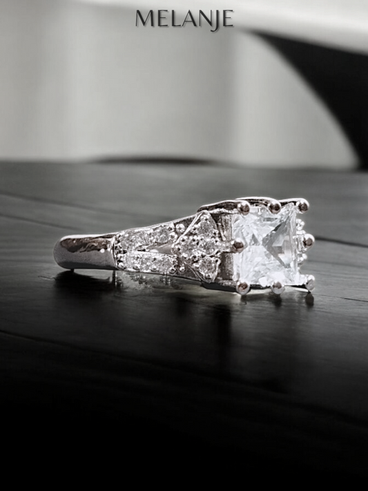 Clear Solitaire Square Crystal White Cubic Zirconia Sterling Silver Princess Cut Adjustable Ring