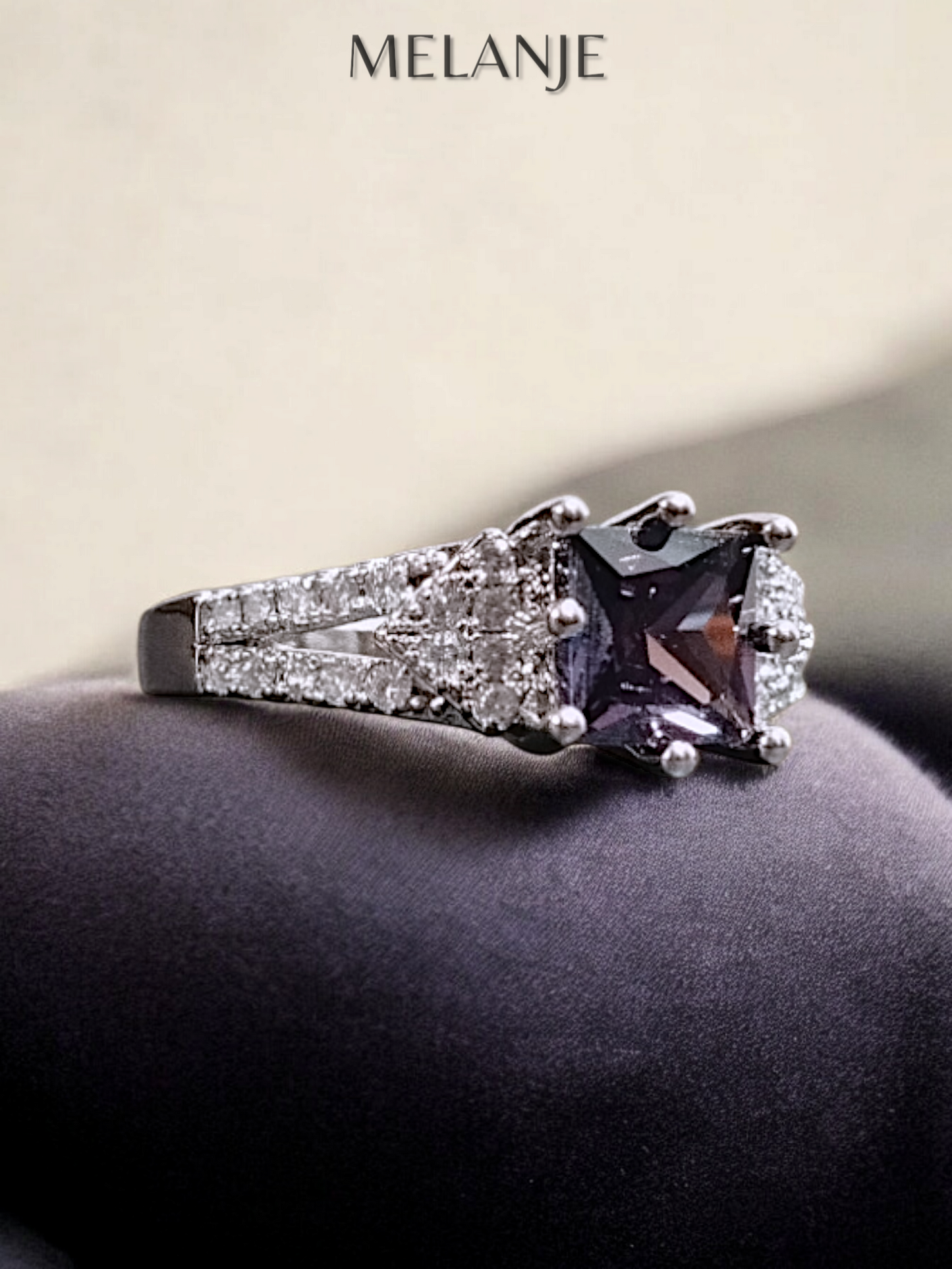 Amethyst Rectangular Crystal V-Cut Split Shank Cubic Zirconia Elegant Princess Cut Ring