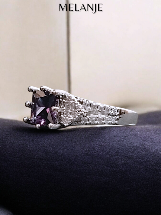 Amethyst Rectangular Crystal V-Cut Split Shank Cubic Zirconia Elegant Princess Cut Ring