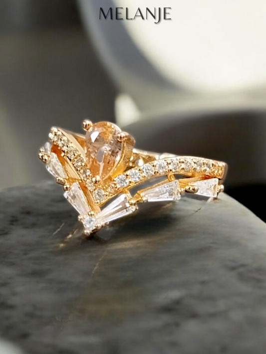 Pear Shaped Champagne Crystal Negative V Design Adjustable Gold Crown Ring