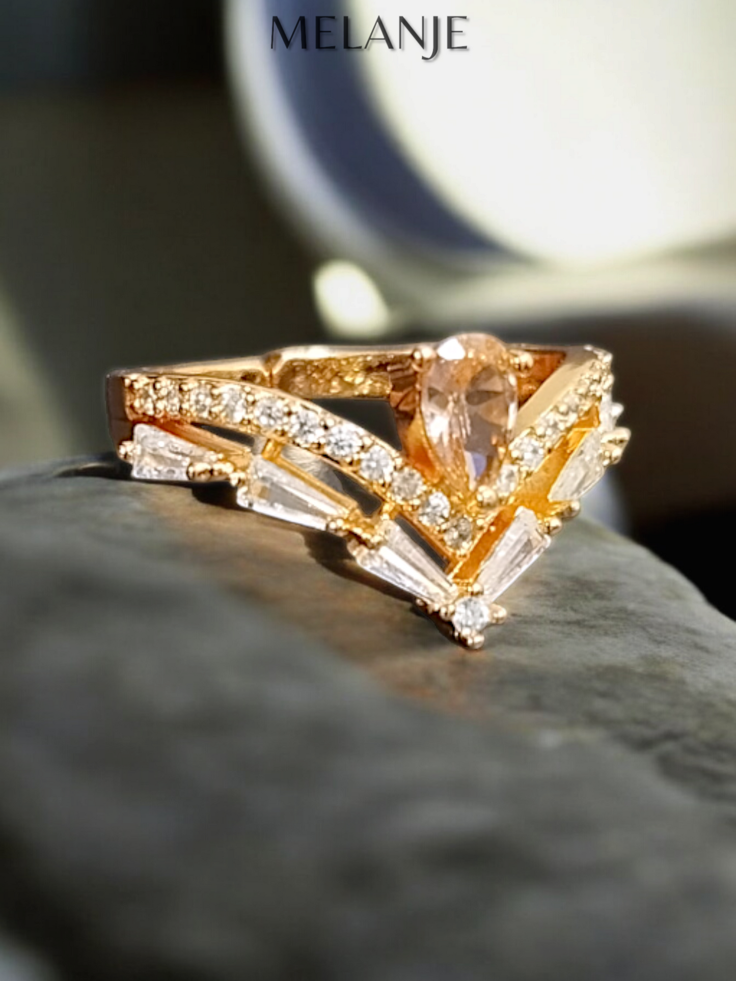 Pear Shaped Champagne Crystal Negative V Design Adjustable Gold Crown Ring