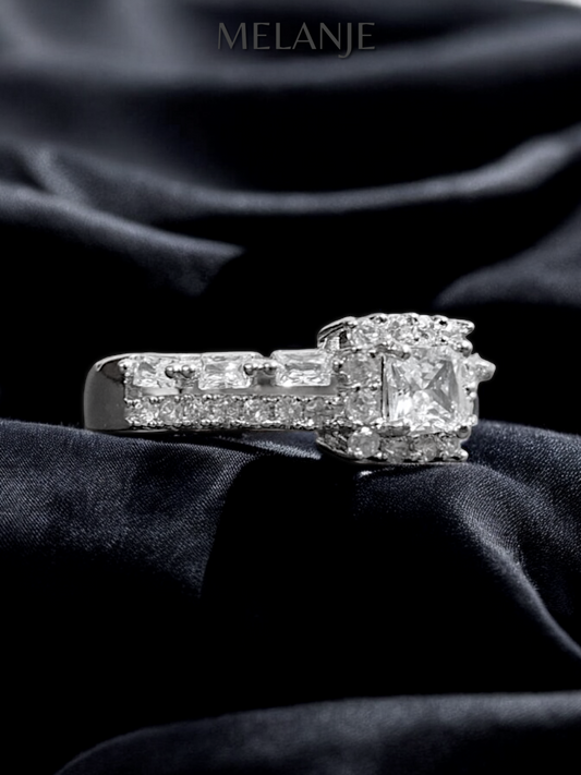 Clear Square Solitaire Crystal Double Row Cubic Zirconia Adjustable Halo Ring