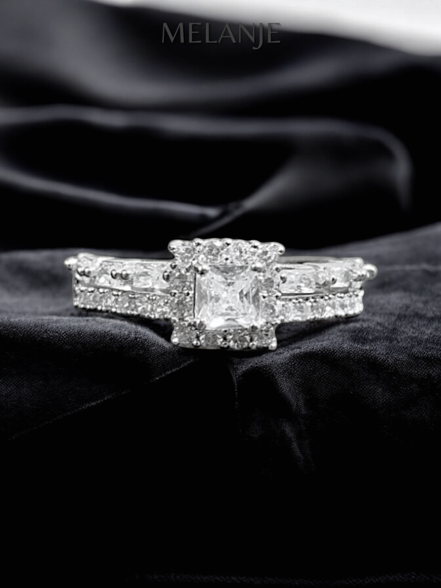 Clear Square Solitaire Crystal Double Row Cubic Zirconia Adjustable Halo Ring