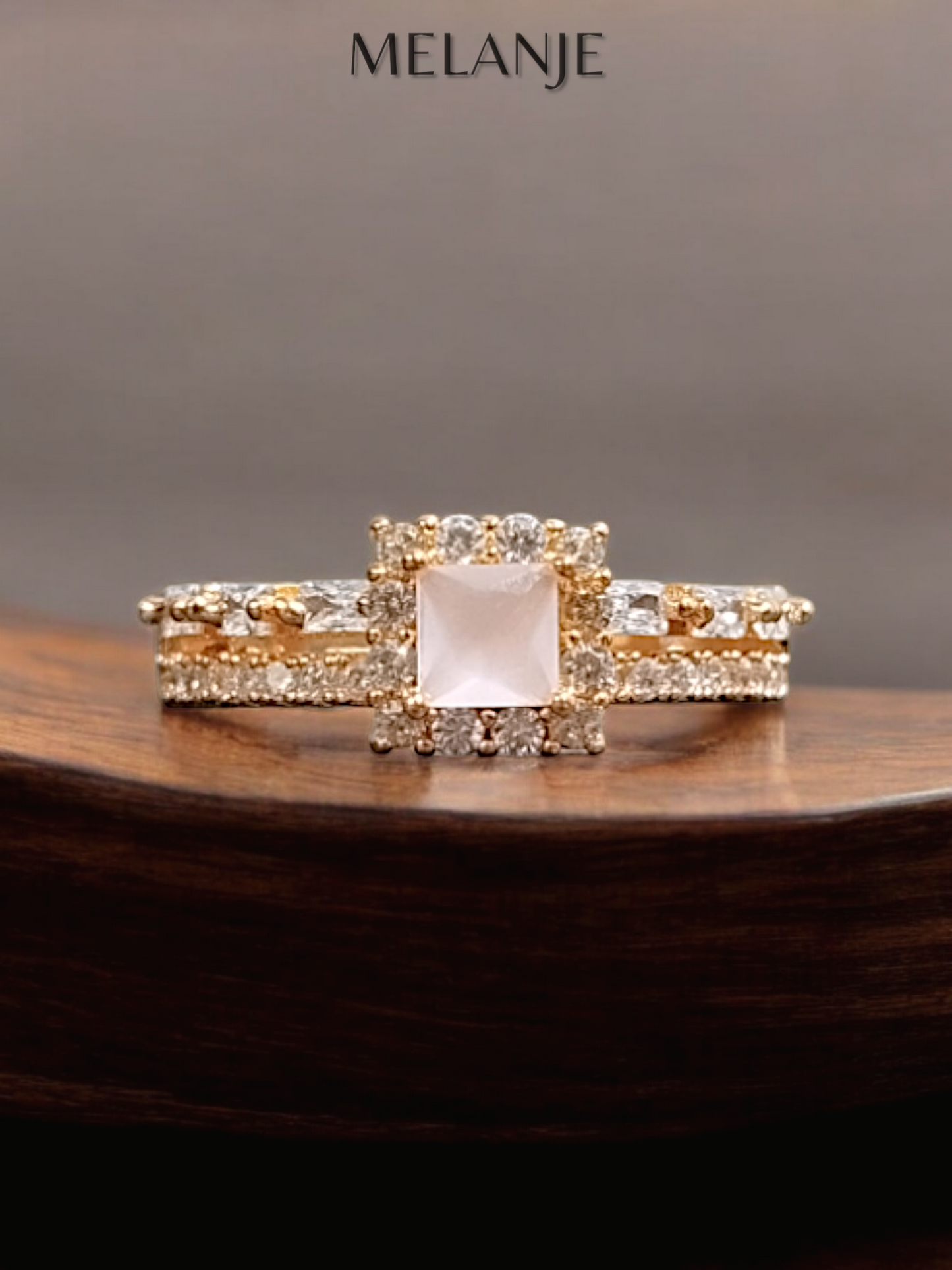 Baby Pink Square Solitaire Crystal Double Row Cubic Zirconia Adjustable Halo Gold Ring