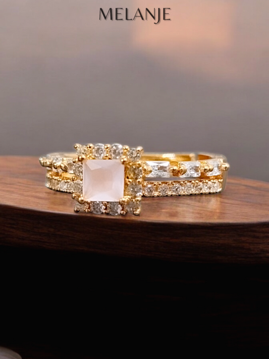 Baby Pink Square Solitaire Crystal Double Row Cubic Zirconia Adjustable Halo Gold Ring