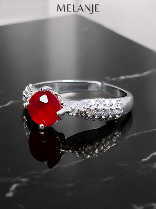 Red Solitaire Crystal Triple Row Inlaid Zircons Adjustable Ring