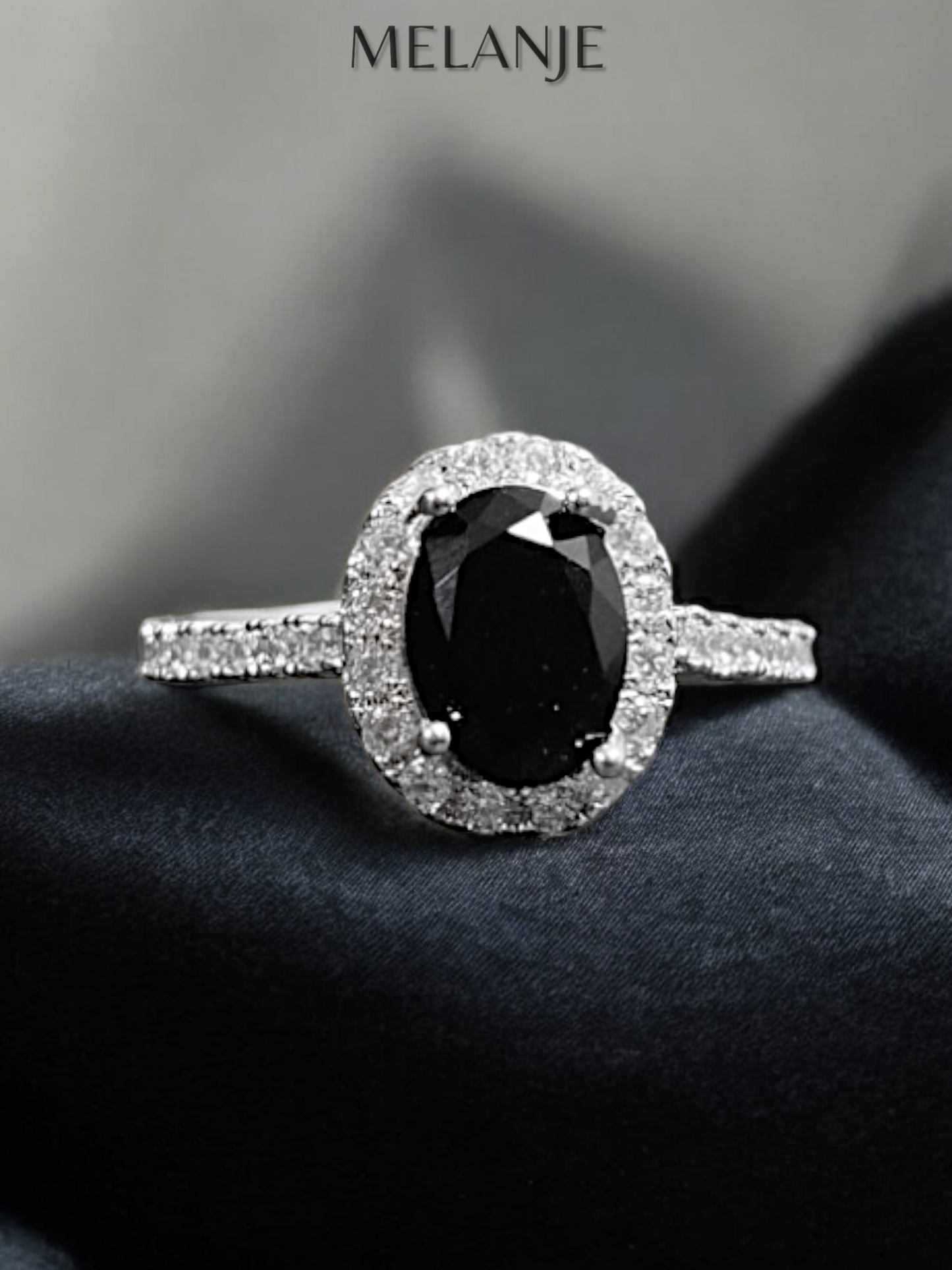 Oval Black Solitaire Crystal Single Row Cubic Zirconia Adjustable Halo Ring