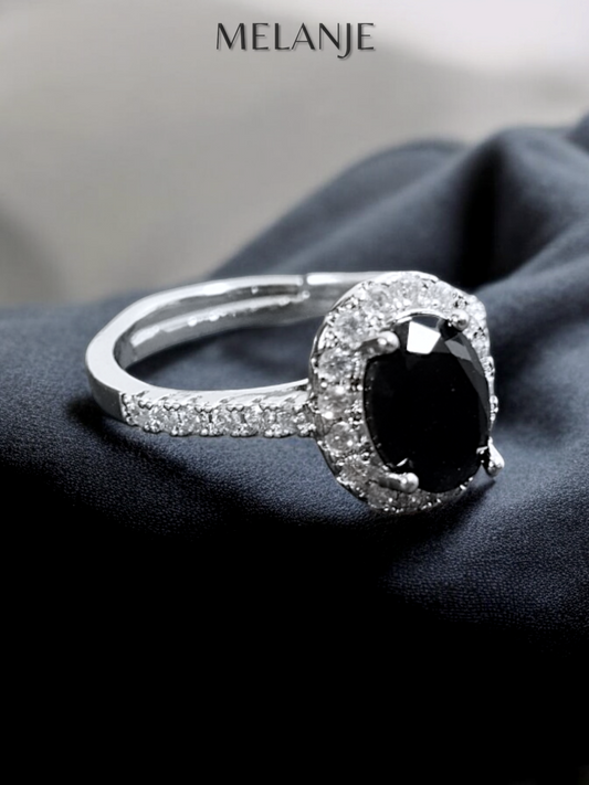Oval Black Solitaire Crystal Single Row Cubic Zirconia Adjustable Halo Ring