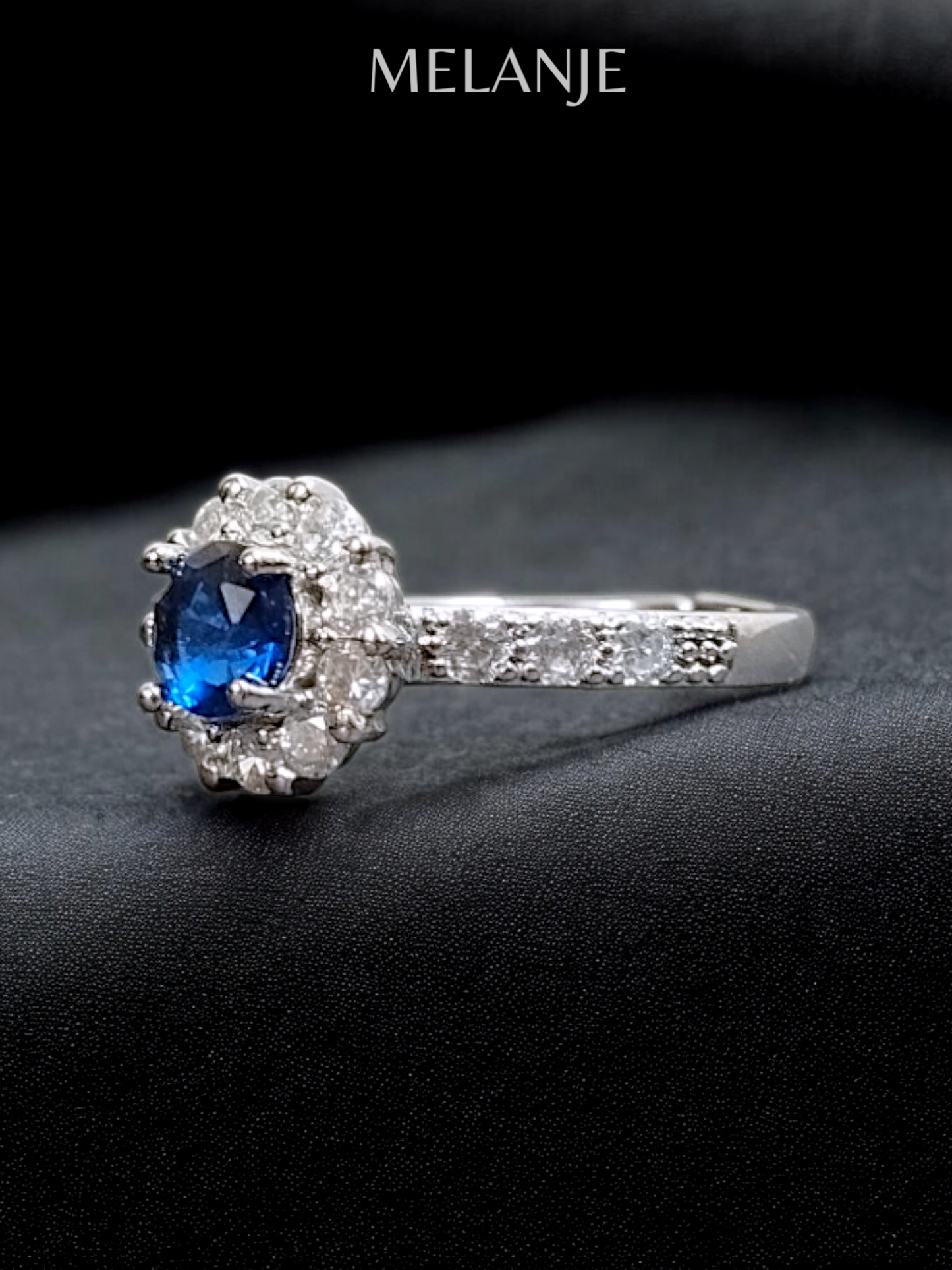 Navy Blue Round Solitaire Crystal Adjustable Flower Ring