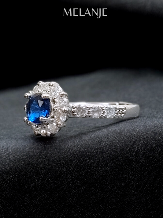 Navy Blue Round Solitaire Crystal Adjustable Flower Ring