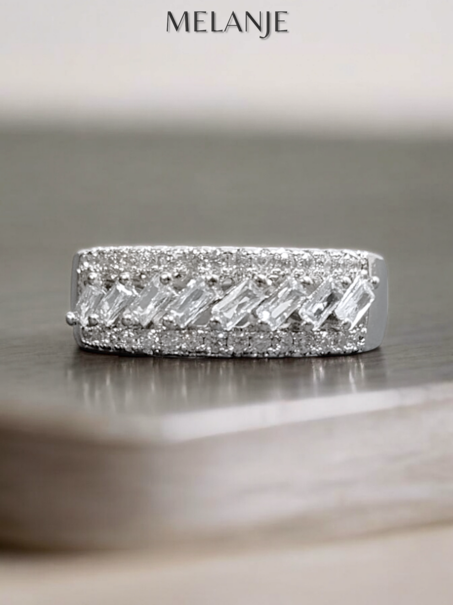 Sterling Silver Triple Row Design Round & Baguette Cut Cubic Zirconia Adjustable Luxury Ring