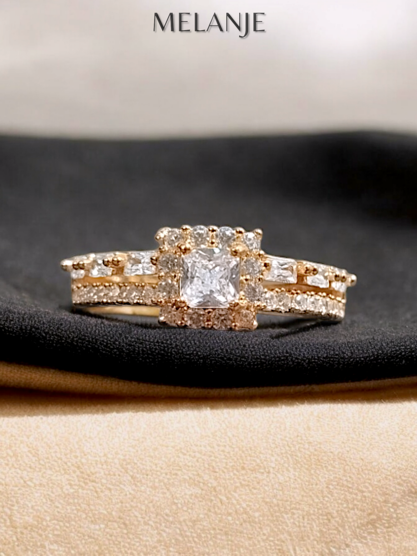 Clear Square Solitaire Crystal Double Row Cubic Zirconia Adjustable Halo Gold Ring