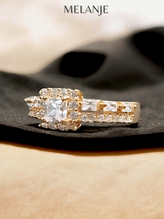 Clear Square Solitaire Crystal Double Row Cubic Zirconia Adjustable Halo Gold Ring