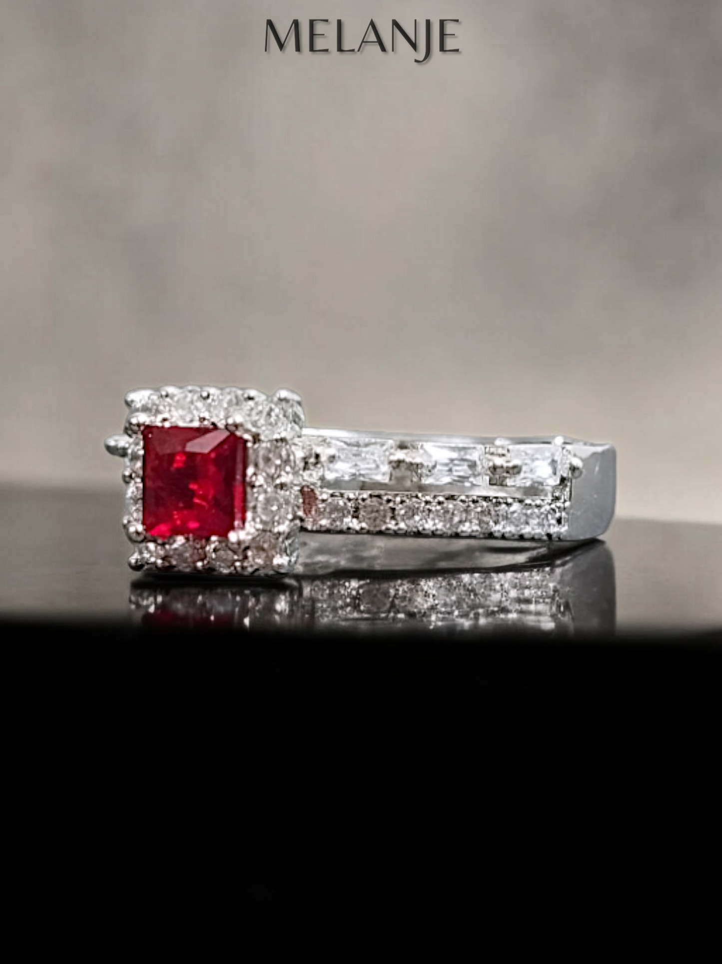 Deep Ruby Square Solitaire Crystal Double Row Cubic Zirconia Adjustable Halo Ring