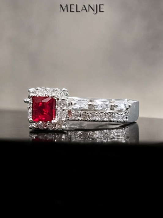 Deep Ruby Square Solitaire Crystal Double Row Cubic Zirconia Adjustable Halo Ring