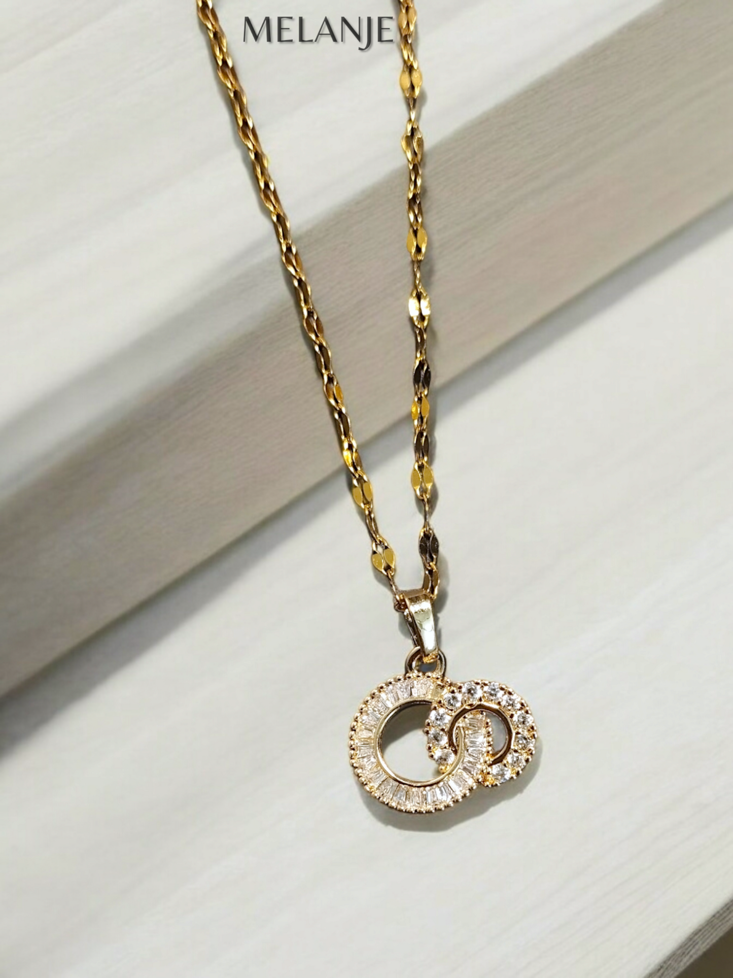 Clear Cubic Zirconia Gold Plated Interlinked Circular Pendant Necklace