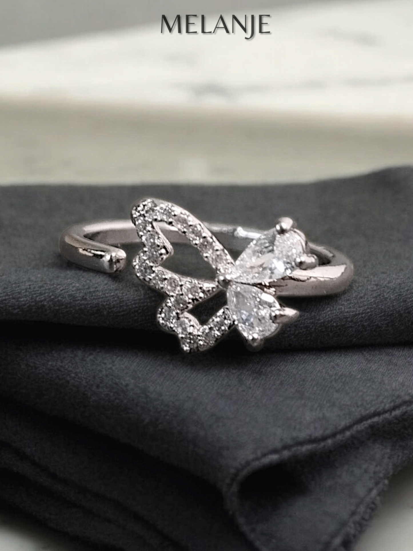 Sterling Silver White Cubic Zirconia Minimal Butterfly Adjustable Bypass Ring