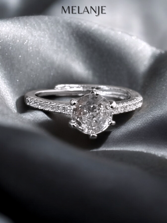 Clear Round Solitaire Crystal Sterling Silver Cubic Zirconia Minimalist Adjustable Engagement Ring
