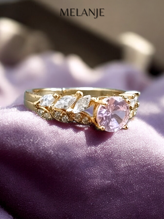Baby Pink Solitaire Crystal Marquise Cut Cubic Zirconia Double Row Leaf Design Adjustable Promise Ring