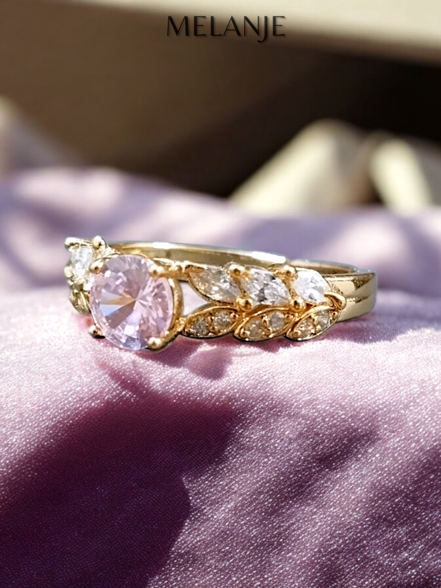 Baby Pink Solitaire Crystal Marquise Cut Cubic Zirconia Double Row Leaf Design Adjustable Promise Ring