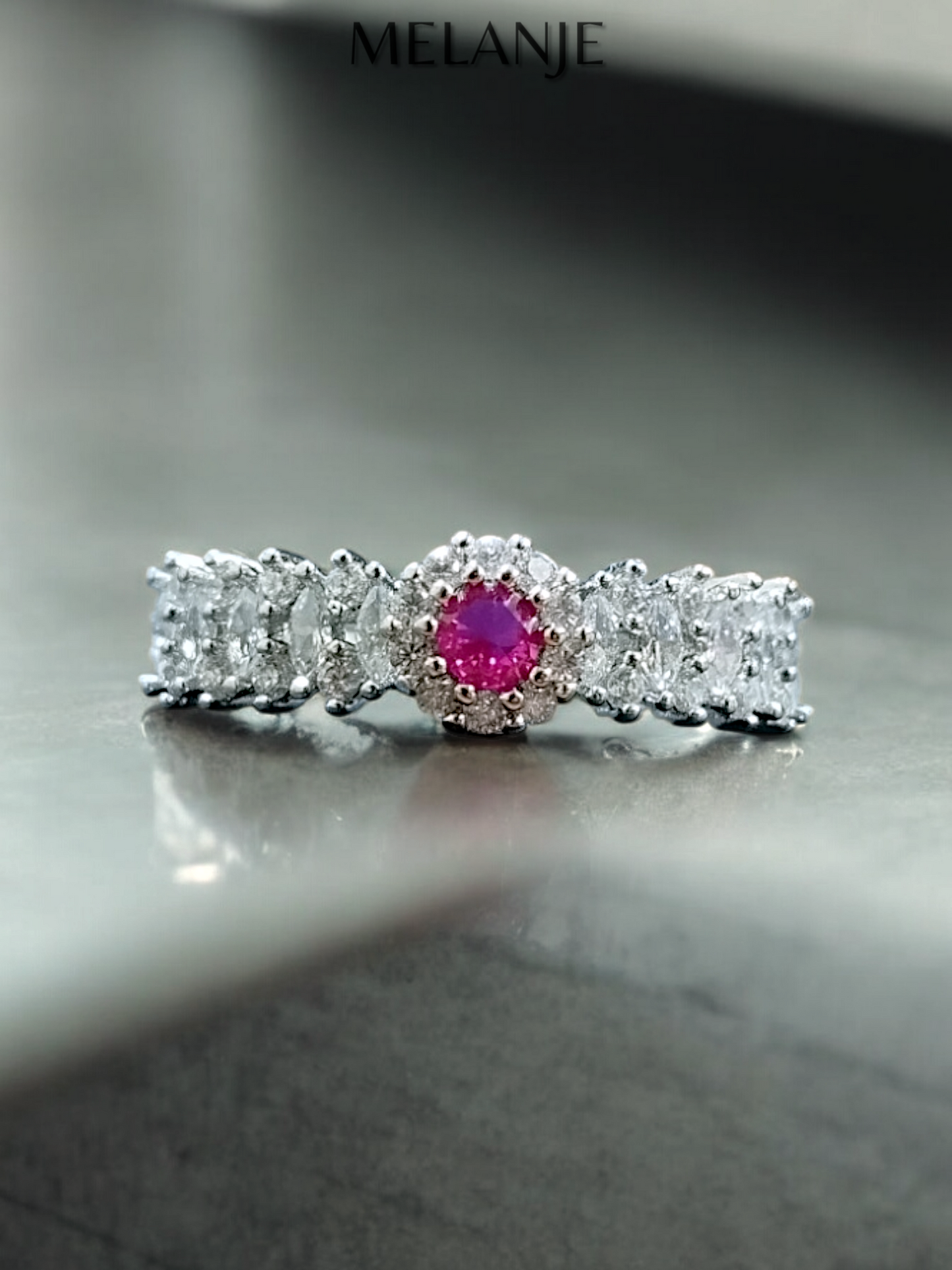 Marquise & Round Cut Cubic Zirconia Sterling Silver Solitaire Ruby Crystal Adjustable Flower Ring