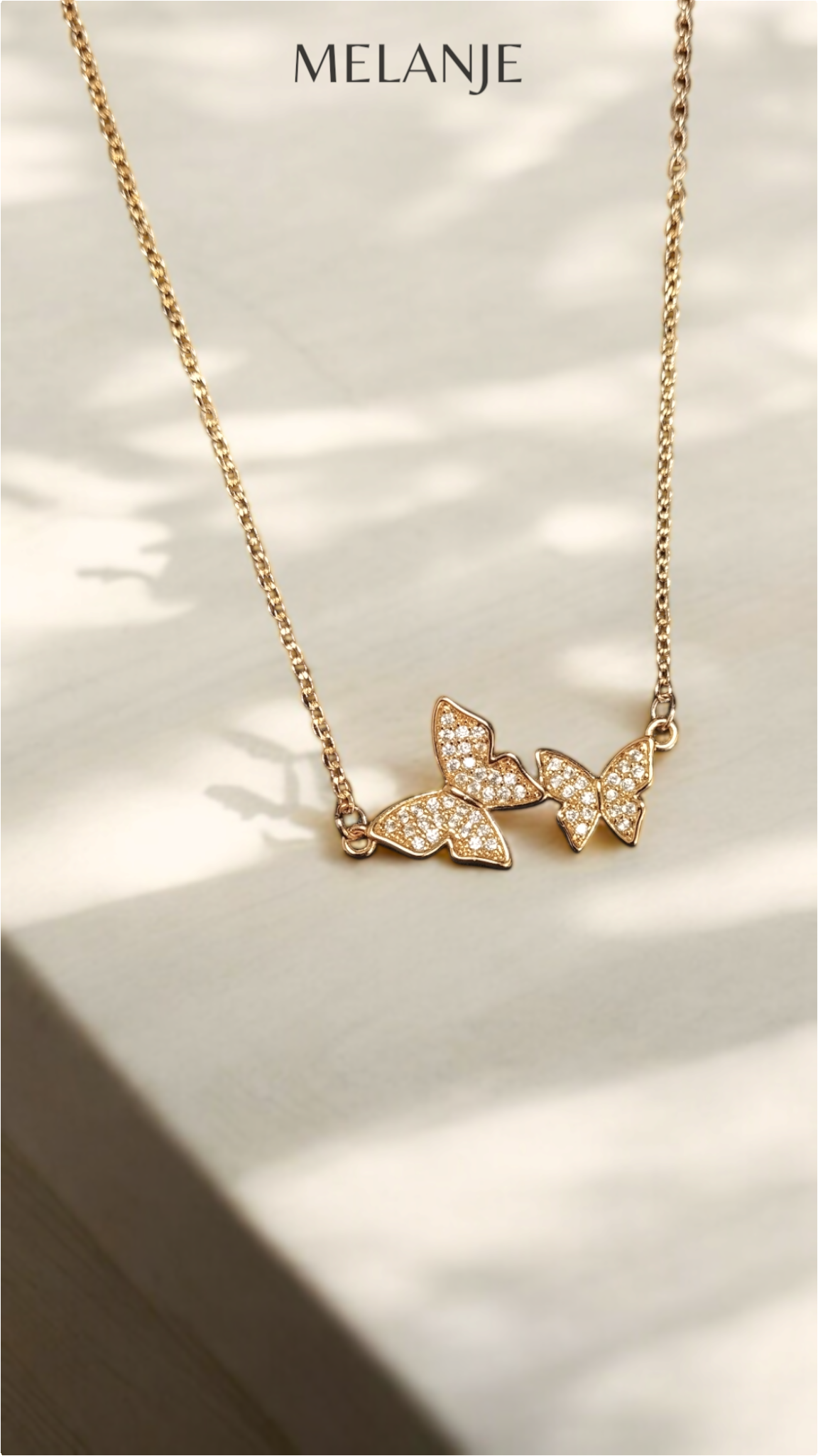 Dual Butterfly Charm Pendant Gold Plated Cubic Zirconia Necklace