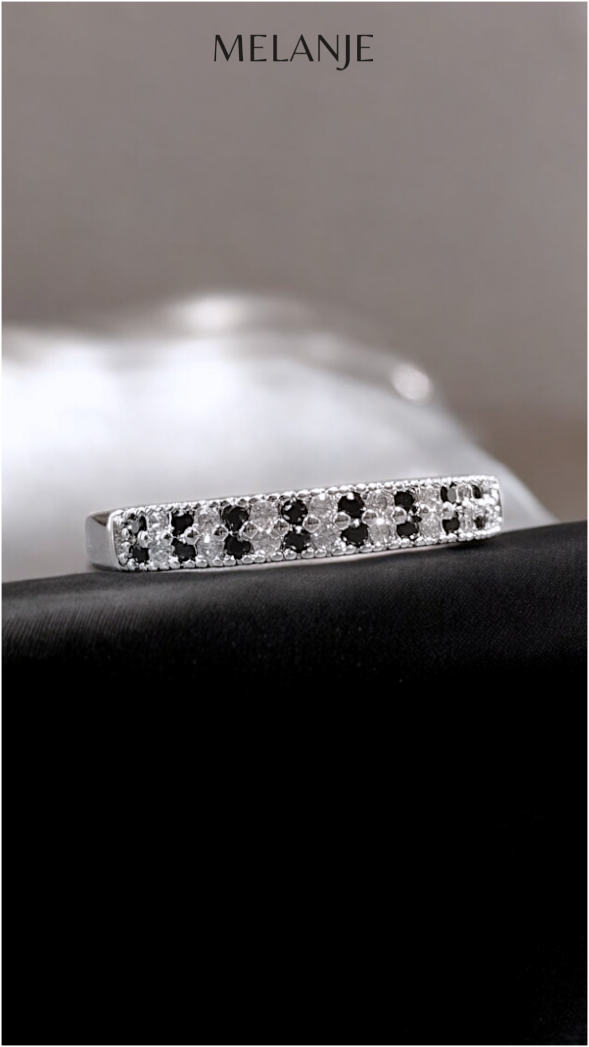 Black & Clear Cubic Zirconia Sterling Silver Double Row Adjustable Band Ring
