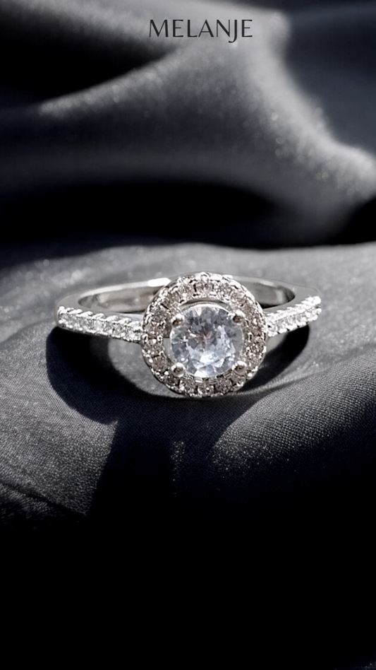 Clear Round Solitaire Crystal White Cubic Zirconia Sterling Silver Halo Adjustable Engagement Ring