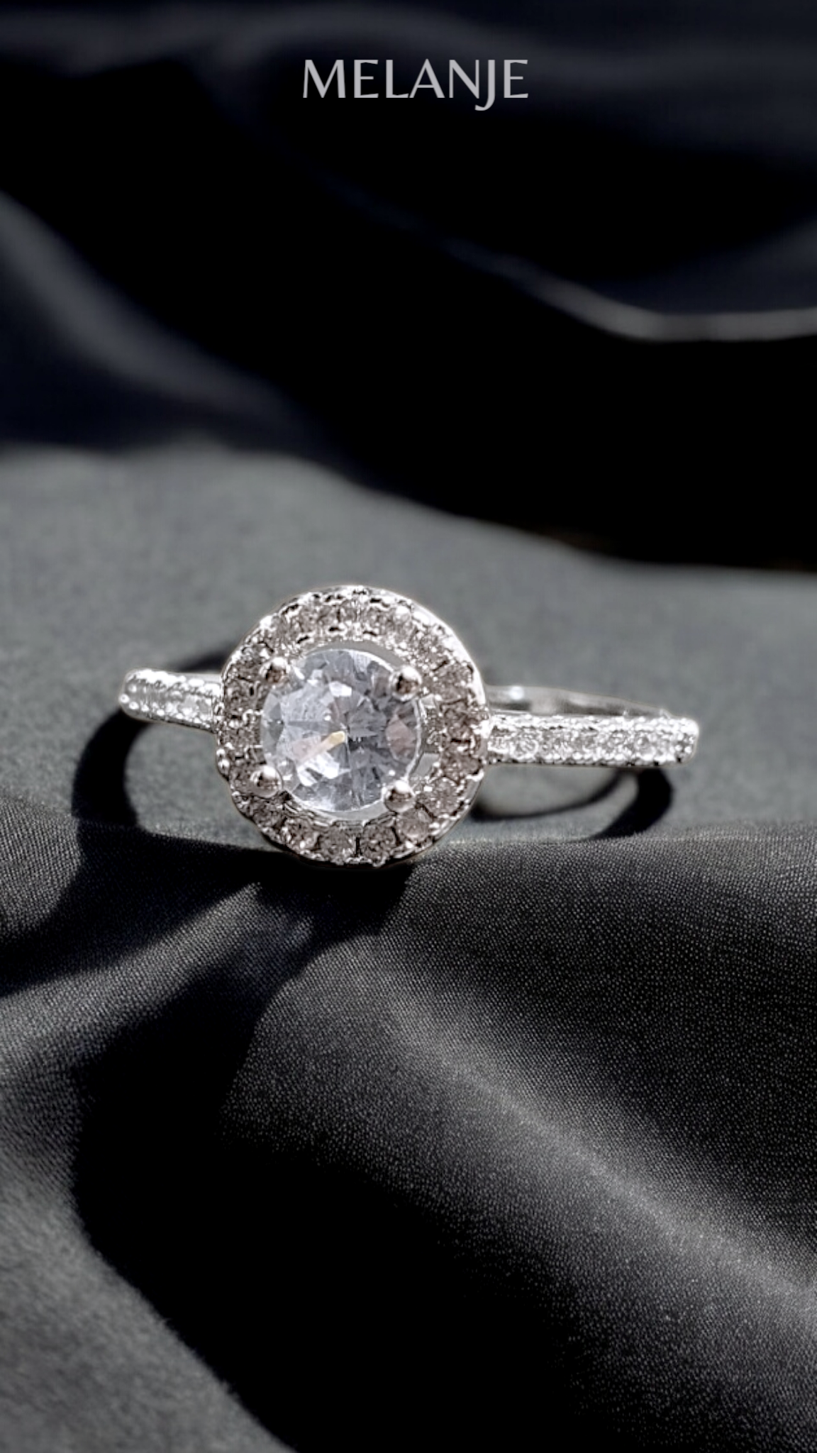 Clear Round Solitaire Crystal White Cubic Zirconia Sterling Silver Halo Adjustable Engagement Ring