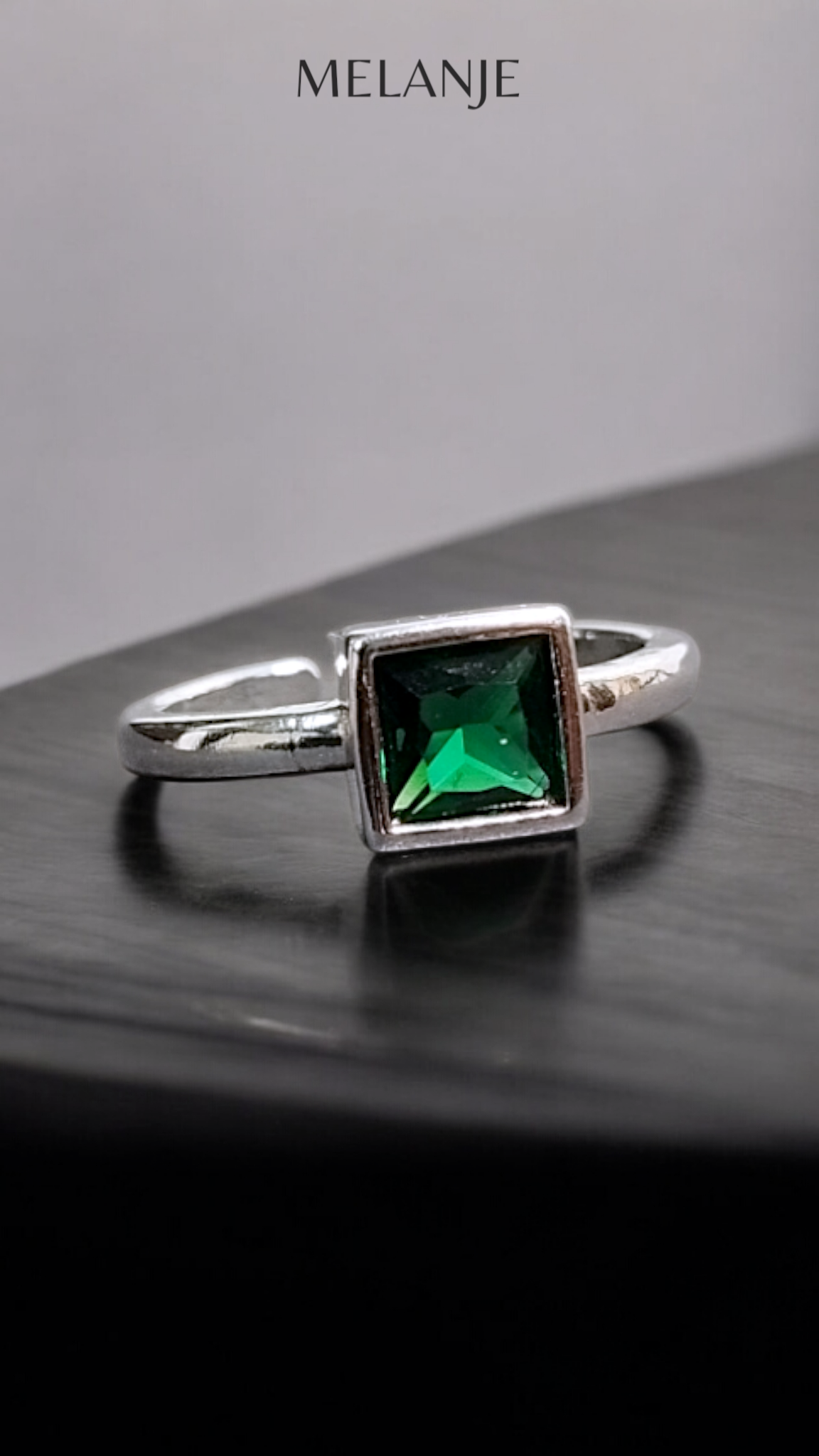 Emerald Solitaire Square Crystal Sterling Silver Adjustable Statement Ring