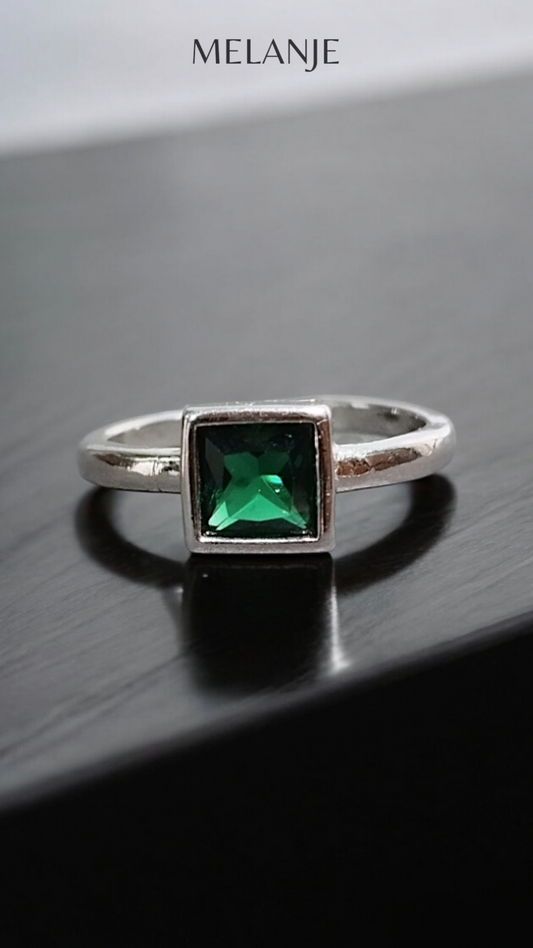 Emerald Solitaire Square Crystal Sterling Silver Adjustable Statement Ring