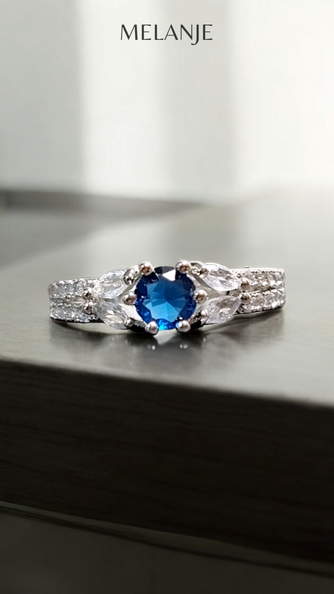 Navy Blue Round Solitaire Crystal White Cubic Zircon Double Row Design Adjustable Ring