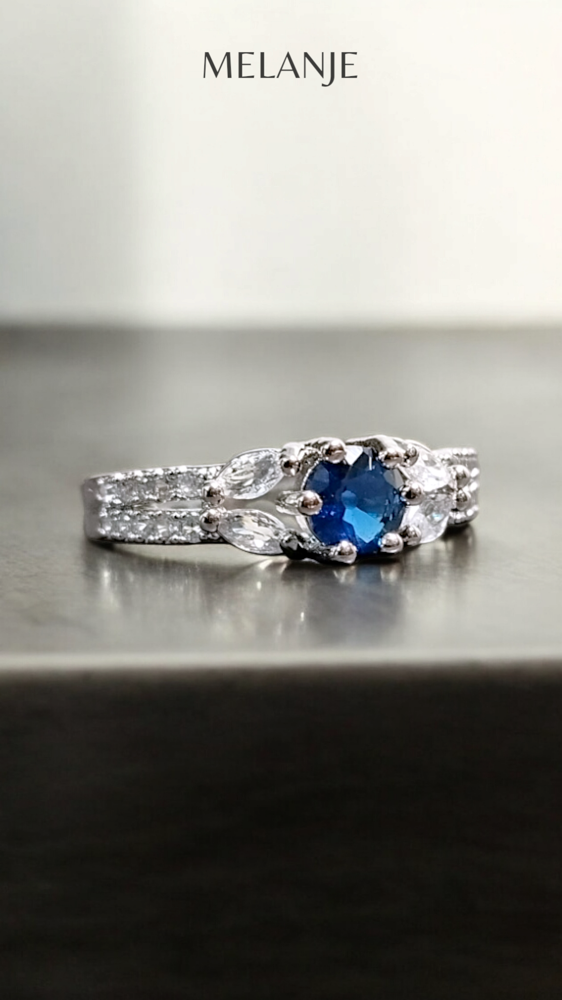 Navy Blue Round Solitaire Crystal White Cubic Zircon Double Row Design Adjustable Ring