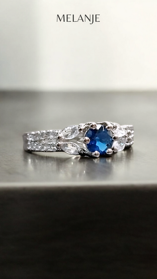 Navy Blue Round Solitaire Crystal White Cubic Zircon Double Row Design Adjustable Ring