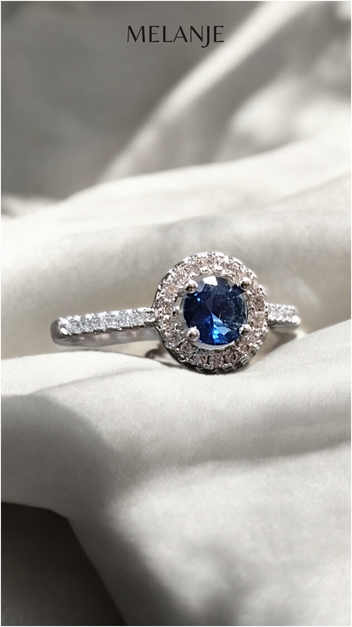 Sapphire Blue Round Solitaire Crystal Single Row Cubic Zirconia Adjustable Halo Engagement Ring