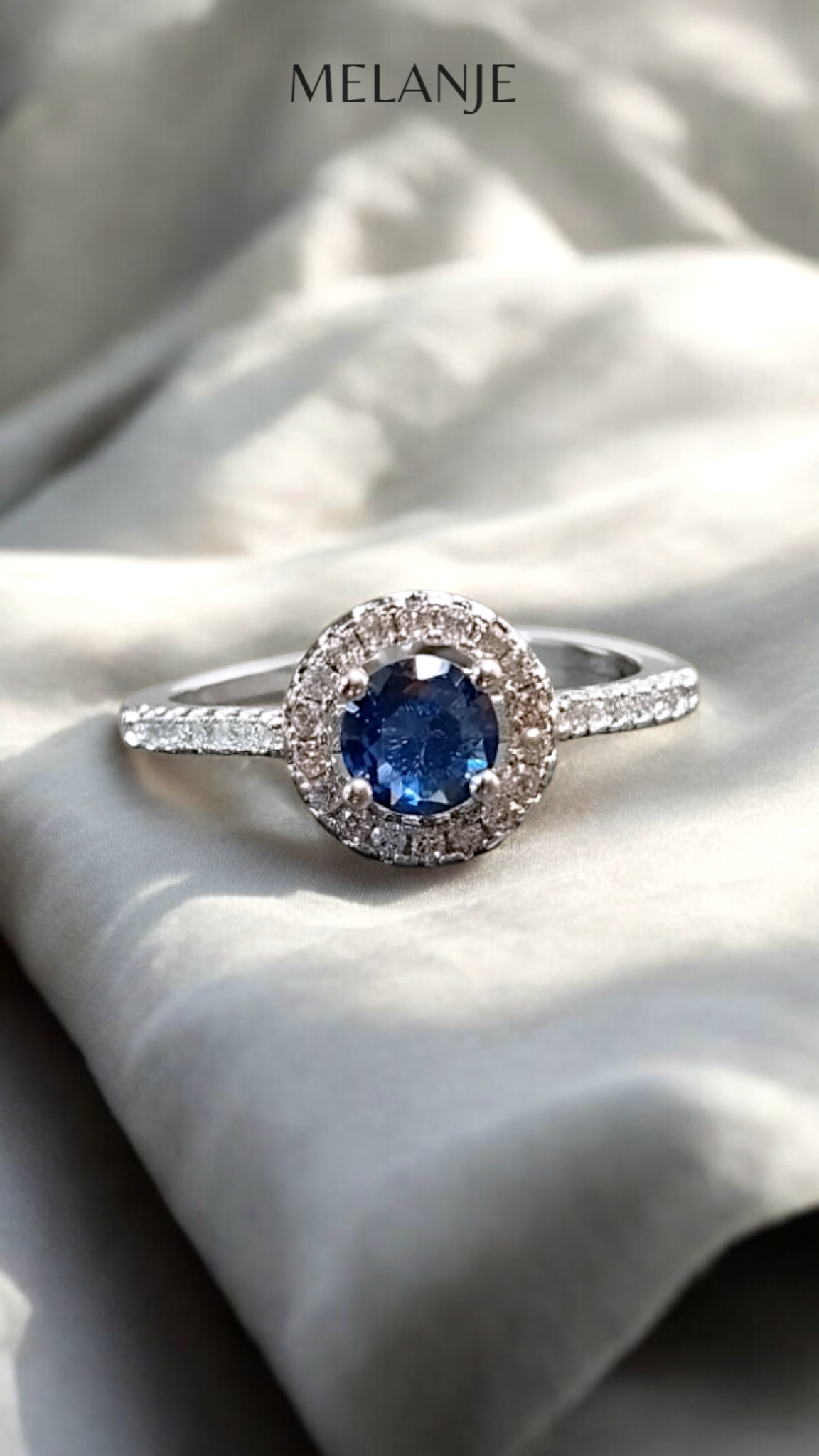Sapphire Blue Round Solitaire Crystal Single Row Cubic Zirconia Adjustable Halo Engagement Ring