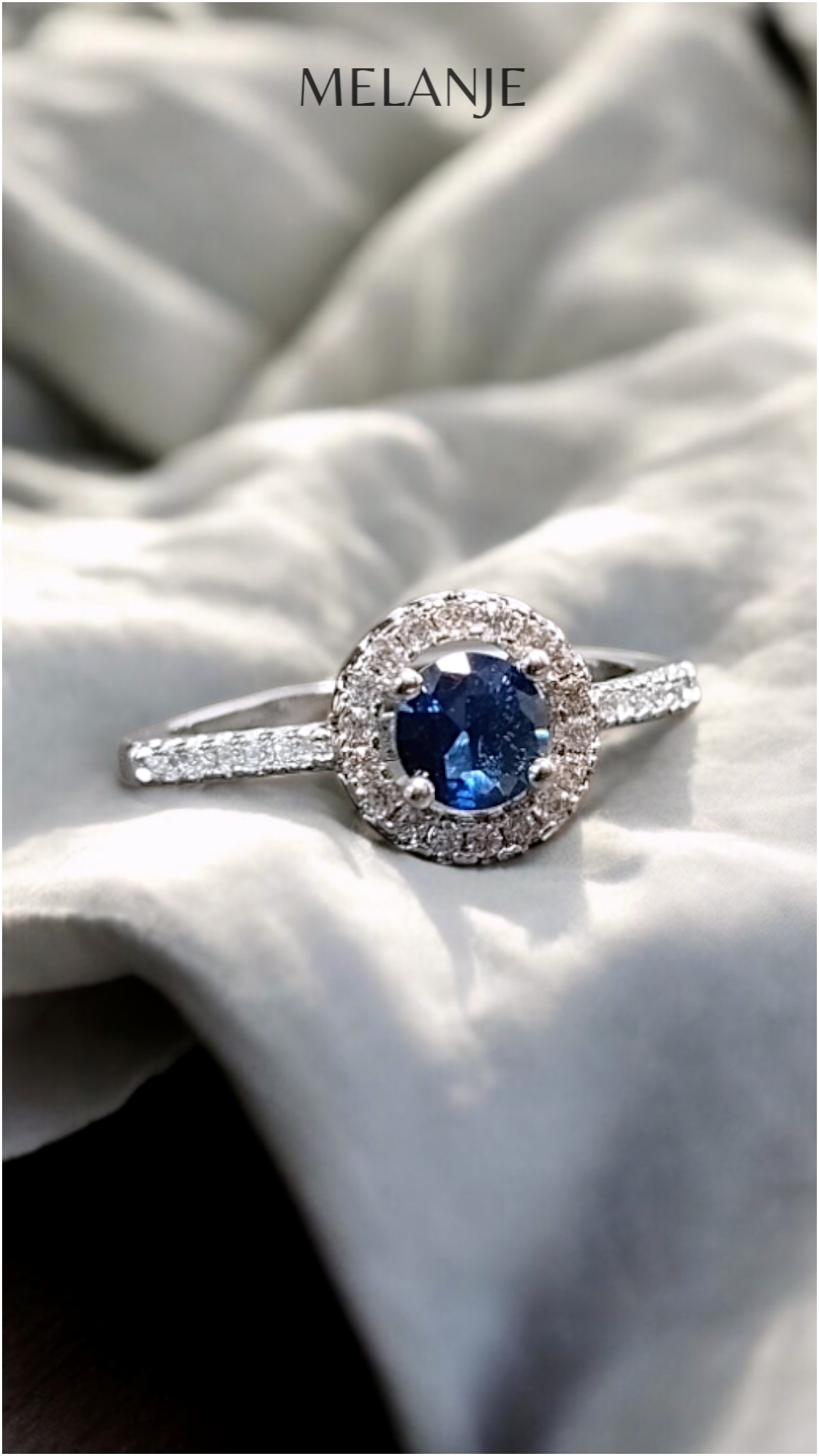 Sapphire Blue Round Solitaire Crystal Single Row Cubic Zirconia Adjustable Halo Engagement Ring