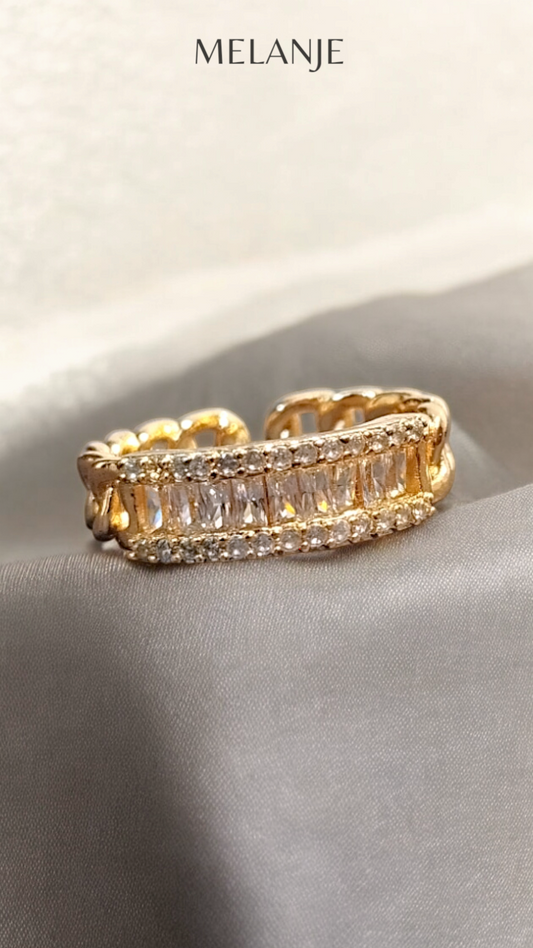 Gold Chain-Link Three-Row White Cubic Zircon Adjustable Waterproof Ring