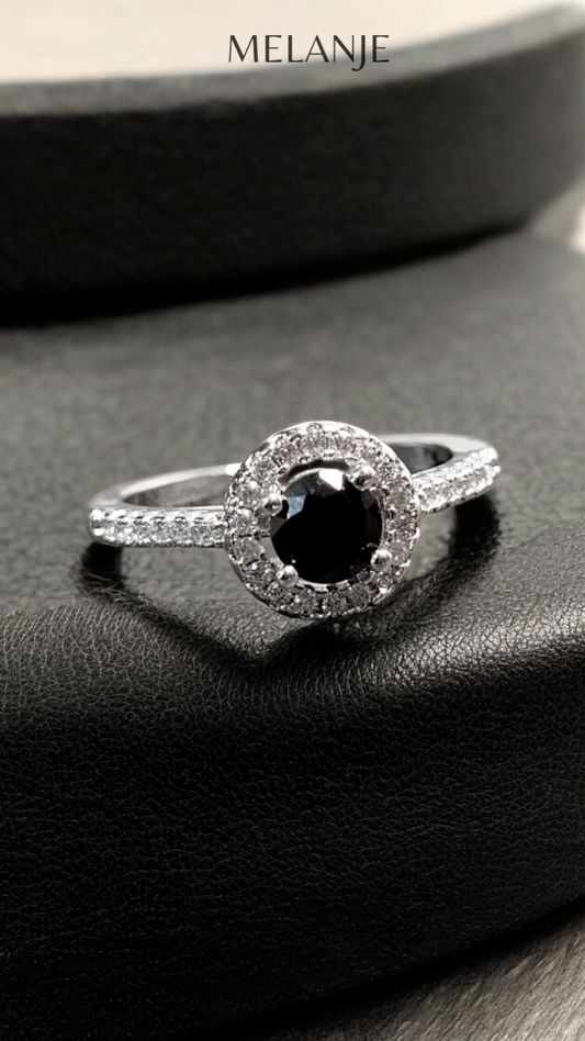 Sterling Silver Black Round Solitaire Crystal Cubic Zirconia Halo Adjustable Eternity Ring