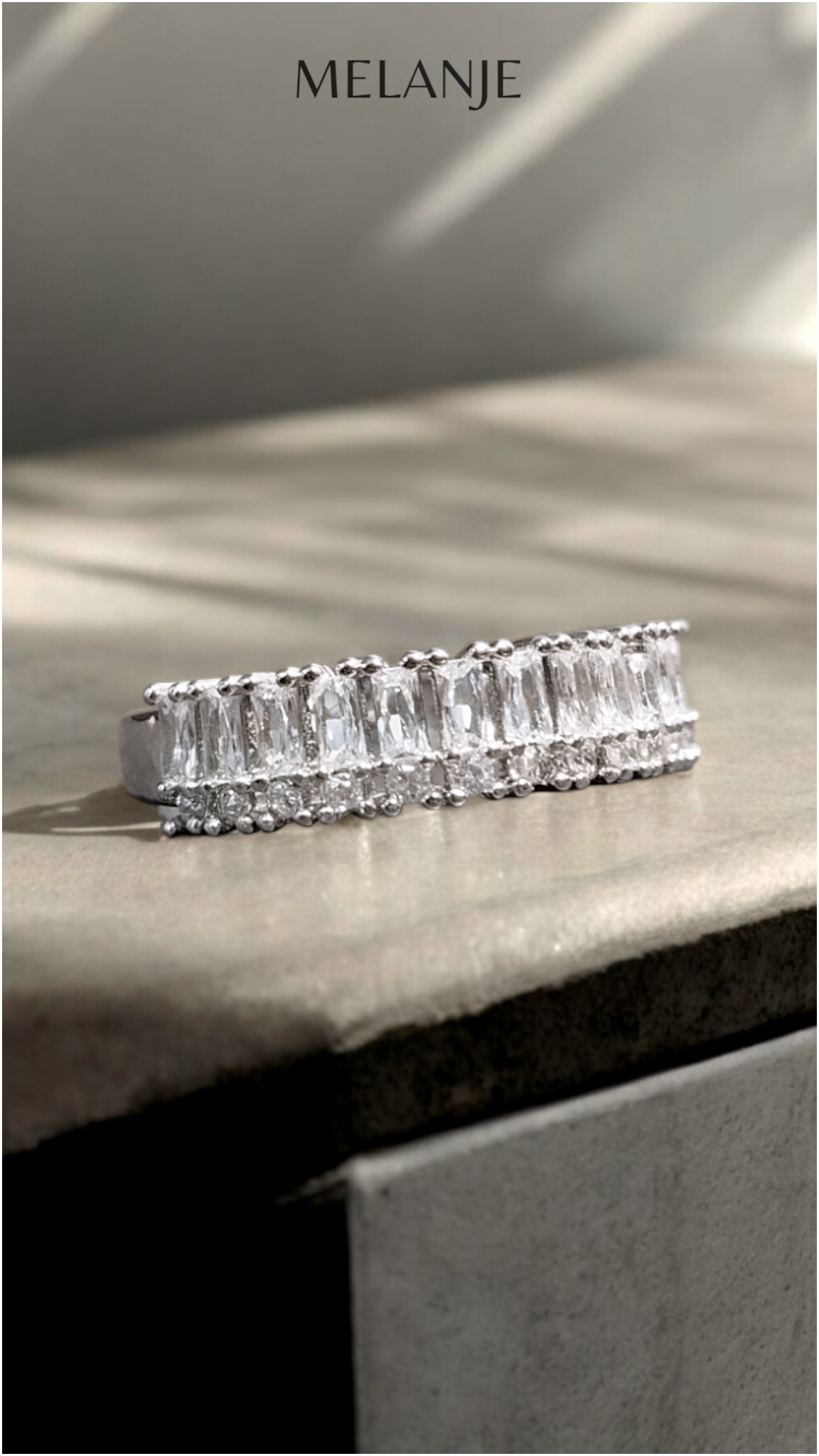 Sterling Silver Baguette & Round Cut Clear Cubic Zirconia Adjustable Band Ring