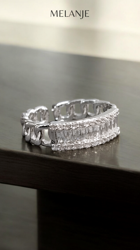 Sterling Silver Chain-Link Three-Row Design White Cubic Zircon Adjustable Ring