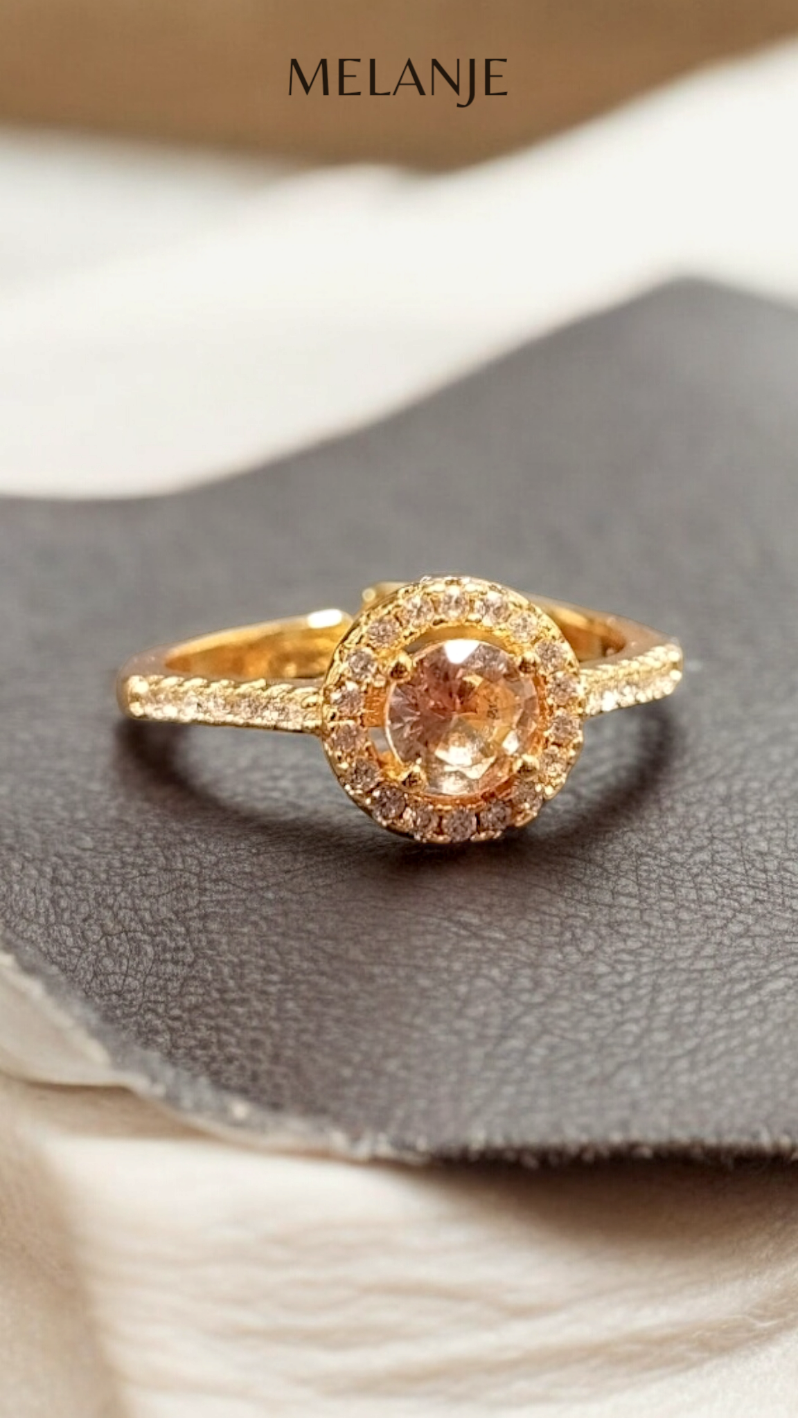 Gold Plated Champagne Round Solitaire Crystal White Cubic Zirconia Halo Adjustable Engagement Ring