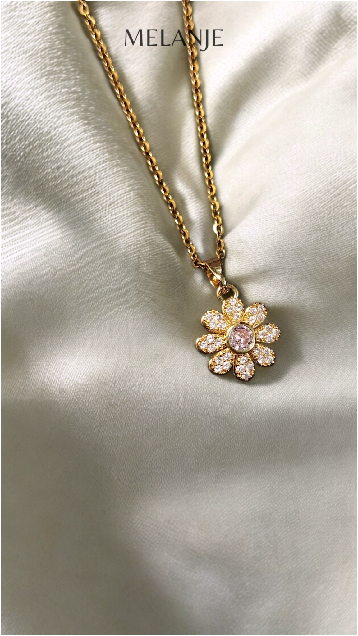 1k Gold Plated Light Pink Zircons Mini Flower Delicate Rotatable Pendant Necklace