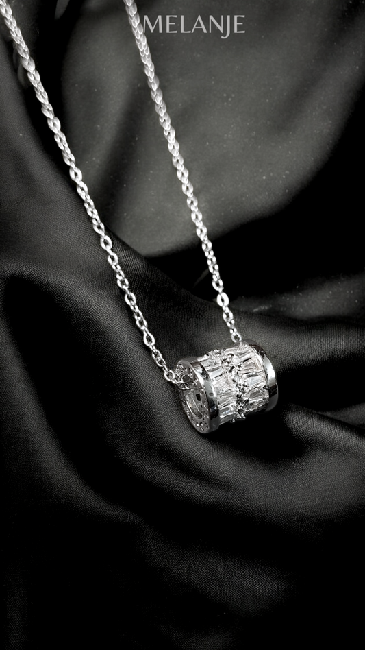 Sterling Silver Clear Cubic Zirconia Minimal Zig-Zag Pattern Ring Pendant Necklace