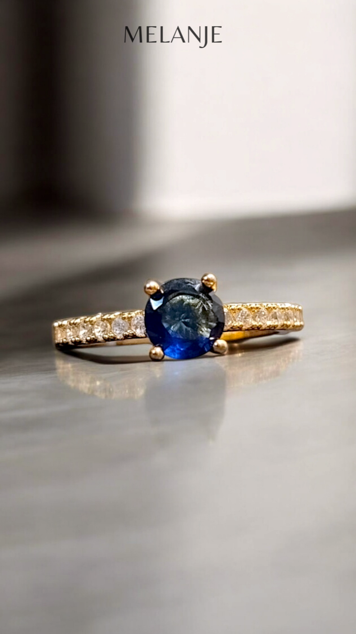 Sapphire Blue Round Solitaire Crystal White Cubic Zirconia Adjustable Gold Ring